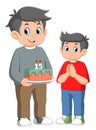 Father and son holding birthday cakes