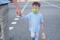 Father and son holding hand, Cute little Asian 2 - 3 years year toddler baby boy child wearing protective medical mask