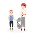 Father and son holding tennis rackets and ball. Parent and kid performing physical activity or sports game training