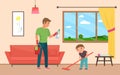 Father and son housekeeping together, clean home apartment, cute family housework