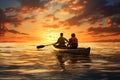 Father and son kayaking in the sea at sunset. Concept of friendly family, AI Generated Royalty Free Stock Photo