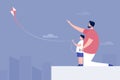 A father helps his son to fly a kite. Concept for father`s day