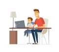 Father and son at the laptop - cartoon people characters illustration Royalty Free Stock Photo