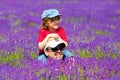 A father and a son in Lavender farm in Banstead, Surrey, UK