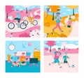 Father and son leisure time - poster set with cartoon man and boy Royalty Free Stock Photo