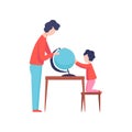 Father and Son Looking at Globe, Boy Studying Geography, Dad and Kid Spending Time Together Vector Illustration Royalty Free Stock Photo