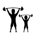 Father and son, man and boy exercising together vector illustration isolated silhouette Royalty Free Stock Photo