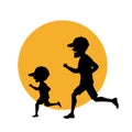 Father and son, man and boy running exercising jogging together silhouette vector illustration