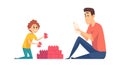 Father and son. Man play with boy, people assemble constructor. Isolated cartoon family time vector illustration Royalty Free Stock Photo
