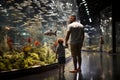 Father and son observing fascinating stingrays and sharks in an aquarium setting