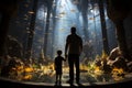 Father and son observing fascinating stingrays and sharks in an aquarium setting