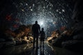 Father and son observing fish in large aquarium with stingrays and sharks swimming