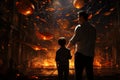 Father and son observing fish in large aquarium with stingrays and sharks swimming