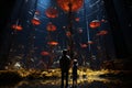 Father and son observing fish in large aquarium with stingrays and sharks swimming