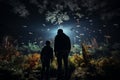 Father and son observing fish in large aquarium with stingrays and sharks swimming