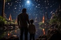 Father and son observing fish in large aquarium with stingrays and sharks swimming