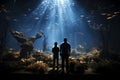 Father and son observing fish in large aquarium with stingrays and sharks swimming