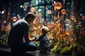 Father and son observing fish in large aquarium with stingrays and sharks swimming