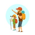 Father and son outdoors, boy and man camping hiking traveling with backpacks isolated cartoon vector illustration