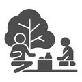 Father and son on picnic solid icon, outdoors concept, Family picnic sign on white background, two person having picnic