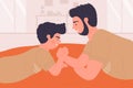 Father and son play in arm wrestling power sport game at home, happy family fun time