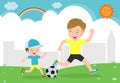 Father and son play football in park and having fun, Vector dad and son with soccer,Happy family moment.