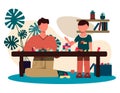 Father and son play together at the table in the constructor. flat design illustration of a man and boy figure in a home Royalty Free Stock Photo