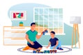 Father and son play with toy railway. Dad and little boy playing colorful train toys in playroom. Vector illustration