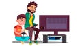 Father And Son Play Video Games Sitting Together Vector. Isolated Illustration