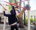 Father with son on playground training, happy family smiling outside, lifestyle people concept Royalty Free Stock Photo