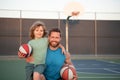 Father and son playing basketball. Family leisure activities concept. Dad and child boy spending time together playing Royalty Free Stock Photo