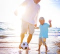 Father Son Playing Beach Football Happiness Concept Royalty Free Stock Photo