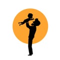 Father and son playing, dad lifting up boy in the air, isolated vector illustration silhouette