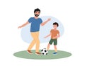 Father and son playing football. Dad, boy and soccer ball on grass. Family summer outdoor activities. Fathers day. Flat vector Royalty Free Stock Photo