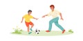 Father and son playing football. Family scenes. Cartoon people sport activity, exercise with ball and training. Leisure