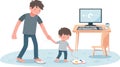 Father and son playing with interactive floor game, computer desk in background Royalty Free Stock Photo