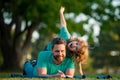 Father and son playing outdoor park in summer. Weekend activity happy family lifestyle concept. Concept of healthy Royalty Free Stock Photo