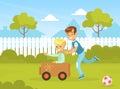 Father and Son Playing with Toy Cardboard Car in City Park Outdoor, Active Holidays, Kid Summer Outdoor Activity Cartoon Royalty Free Stock Photo