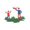 Father and son playing with toy plane at park. Outdoor recreation. Fatherhood theme. Flat vector design