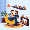 Father and son playing with toys at home. Happy family spending time together at home. in cartoon style generative AI Royalty Free Stock Photo