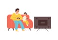 Father and son playing video games together flat vector illustration isolated. Royalty Free Stock Photo