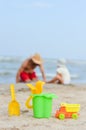 Father and son playng on sandy beach Royalty Free Stock Photo