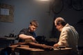father and son prepare a gift for mother, enthusiastically make shoes in a Shoe shop.