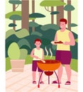 Father and son are preparing a barbecue grill. Family picnic concept, party, outdoor food. Vector illustration in a flat