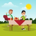 Cartoon father and son preparing for barbecue party in park. Dad fries sausages on grill. Boy fills glass with wine Royalty Free Stock Photo