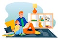 Father and son reading fairytale book together. Dad and little boy sitting in playroom and learning. Vector illustration