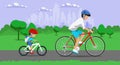 Father and son riding bikes in town park. Vector illustration