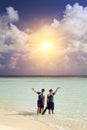 The father with the son in the sea with the equipment for a snorkeling Royalty Free Stock Photo