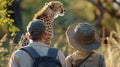 A father and son shaded by widebrimmed hats watch in awe as a pack of cheetahs stalks prey in the distance backs turned Royalty Free Stock Photo