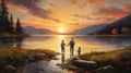 father and son on the shore of a lake at sunset Royalty Free Stock Photo